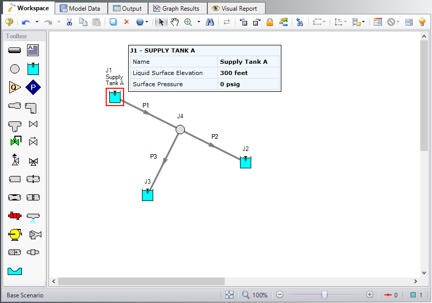 Inspecting the properties of Reservoir J1 from the Workspace with right mouse button.